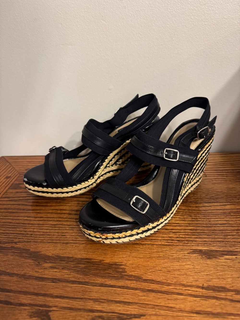 Alex Marie Black Espadrille Wedge Sandals with Buckle Straps